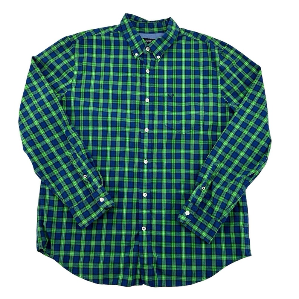 American Eagle Outfitters Plaid Athletic Fit Button Down Shirt Green Blue Men XL